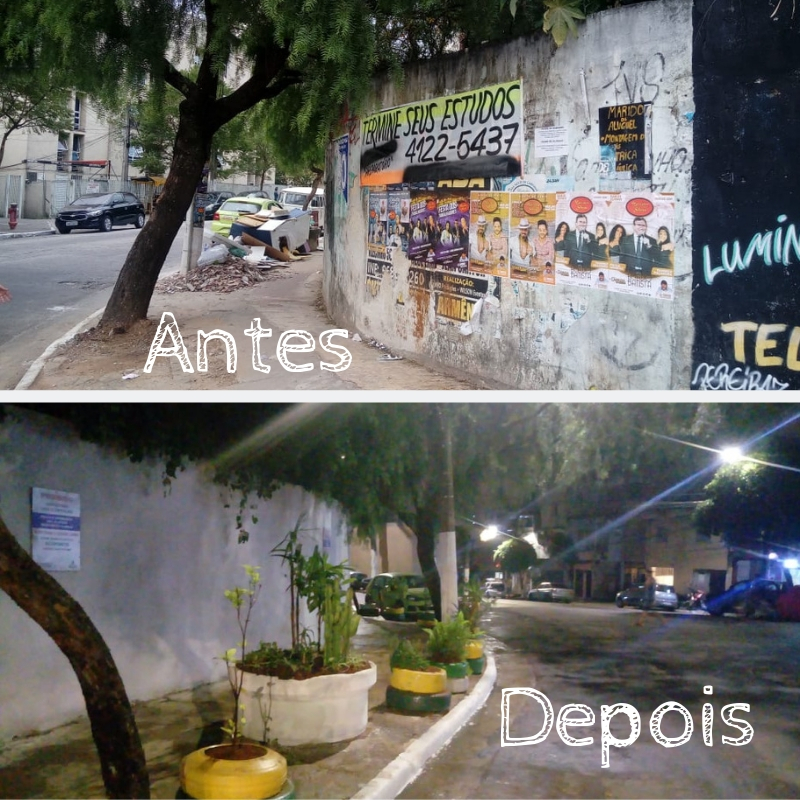 Foto antes: Esquina da rua Cônego Xavier com entulho na calçada. Foto depois: Esquina rua Cônego Xavier, no lugar do entulho que foi recolhido agora tem cinco pequenas mudas de árvores.